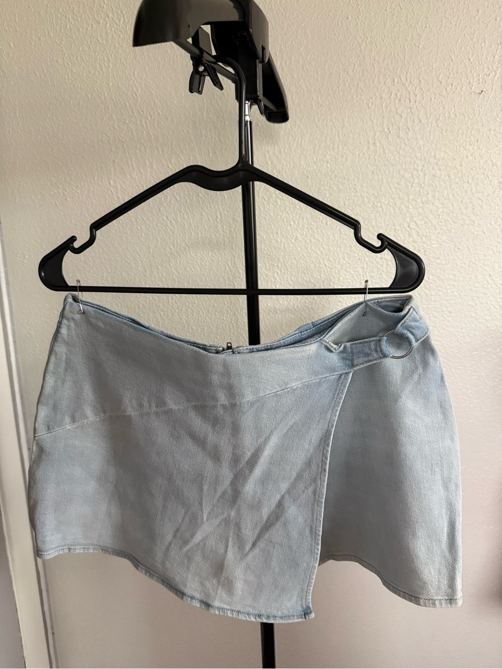 SO Light Blue Denim Wrap Mini Skirt with Ring Detail